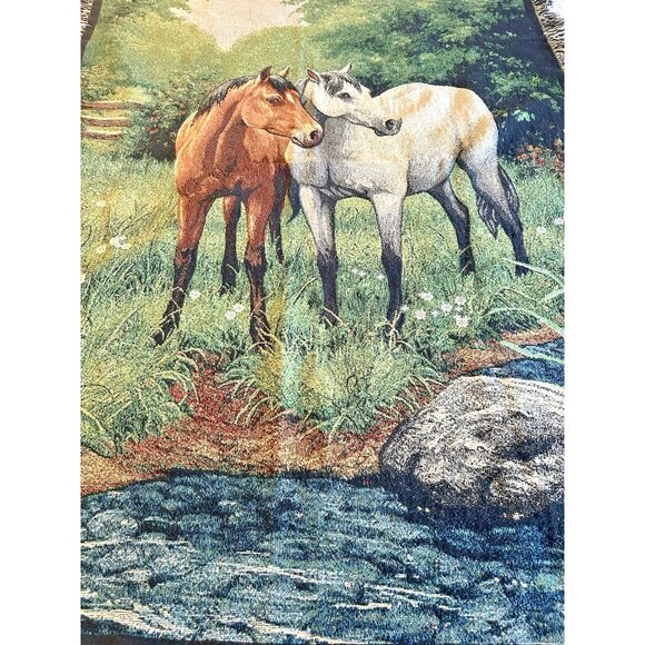 Horses Equestrian Throw Blanket Tapestry Woven Cotton Fringe Signed Picken 67x50 - Picture 9 of 9
